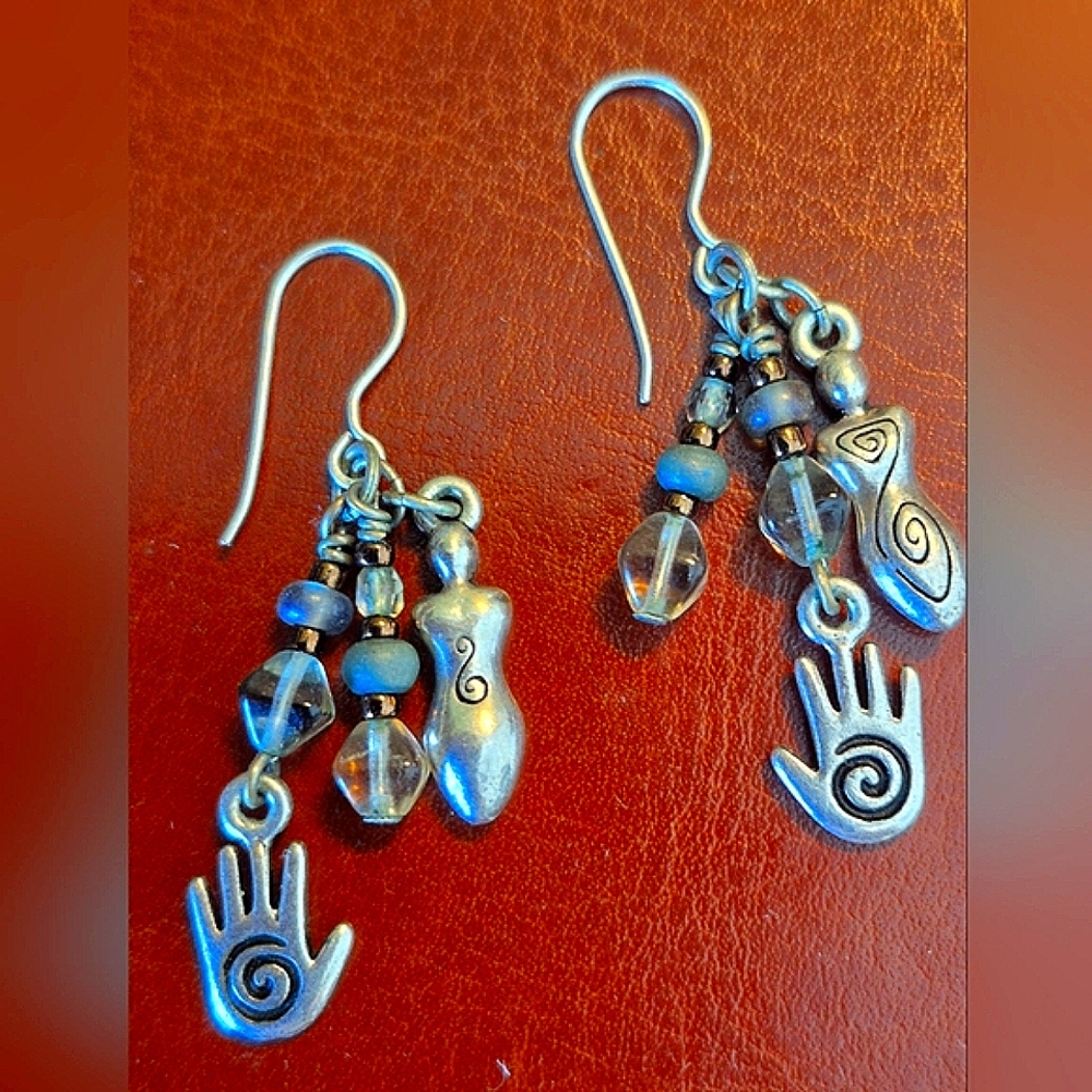 Hamsa & Fish Beaded Silver Dangle  Earrings